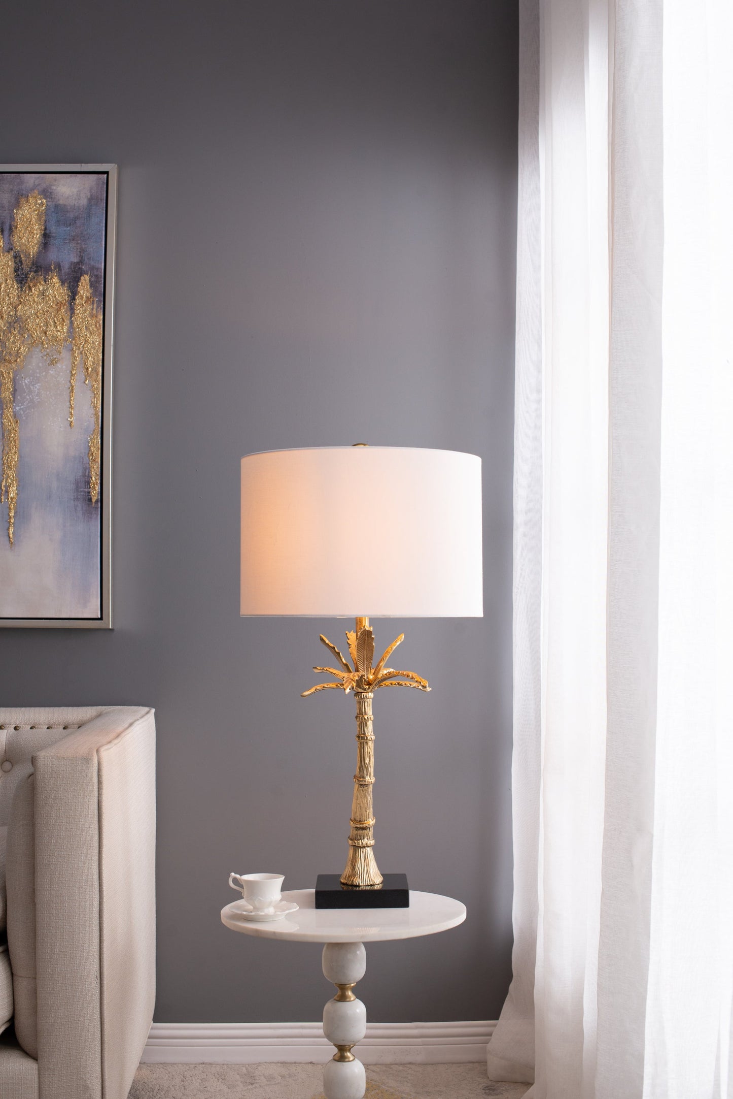 D16x31' Leaf Lamp With Marble Base, Gold (Lamp Shade Assembly Required)