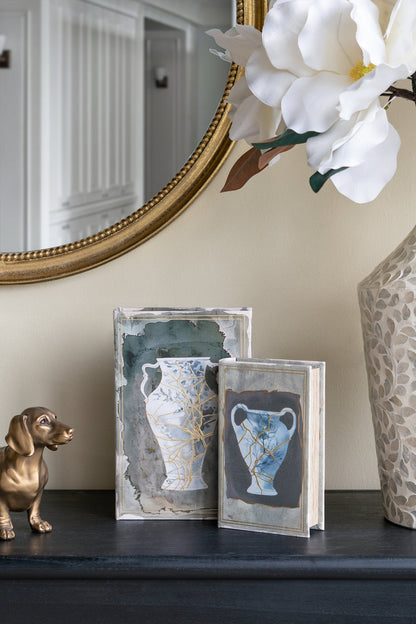 Set of 2 Decorative Book Boxes With Blue and Gold Vase Motifs, L:7x3x10.5' S:5x2x8.3'