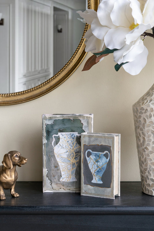 Set of 2 Decorative Book Boxes With Blue and Gold Vase Motifs, L:7x3x10.5' S:5x2x8.3'