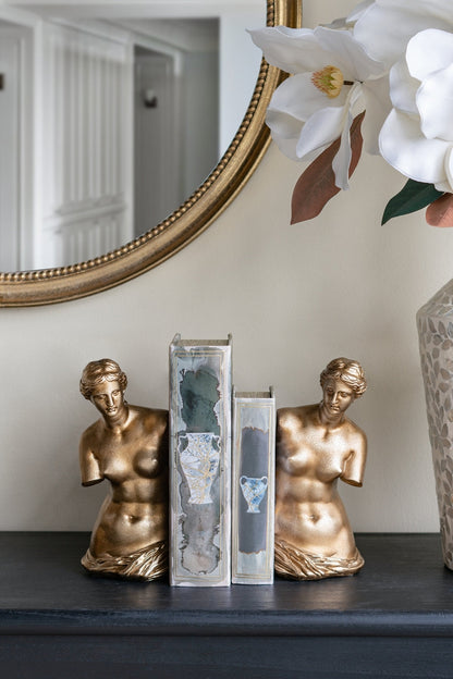 Set of 2 Decorative Book Boxes With Blue and Gold Vase Motifs, L:7x3x10.5' S:5x2x8.3'