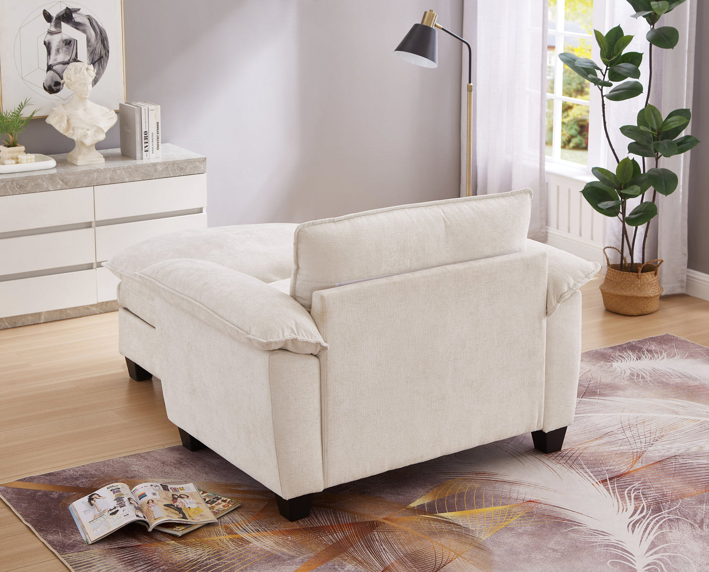 51' Oversize Chaise Lounge Chair With Ottoman and Storage  Upholstered Soft Chenille Beige