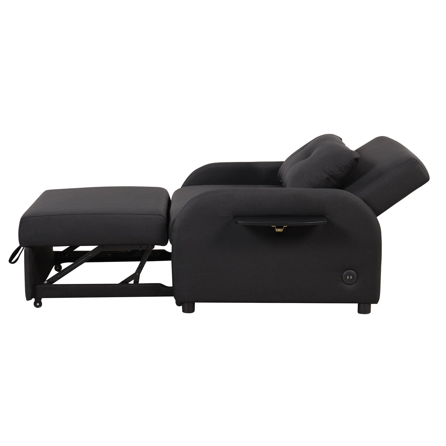 3-In-1 Pull Out Sofa Sleeper With Wing Table and USB Charge, Black Linen Upholstery, Iron Frame