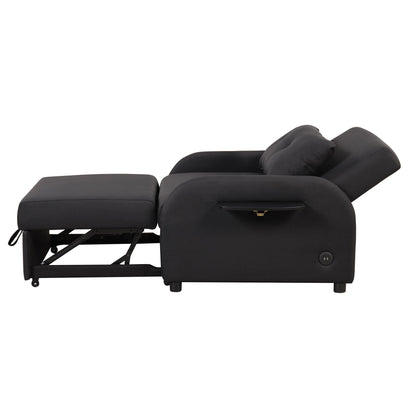 3-In-1 Pull Out Sofa Sleeper With Wing Table and USB Charge, Black Linen Upholstery, Iron Frame
