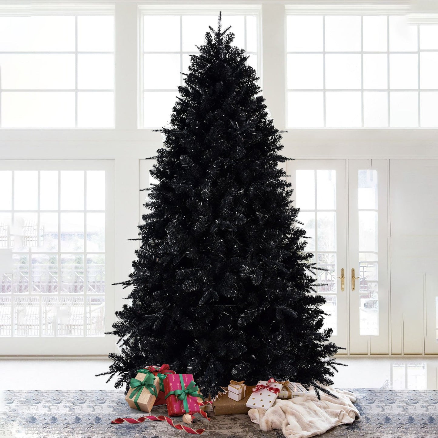 7ft Black Christmas Tree With 450 White LED Lights, 1916 Tips PE+PVC Artificial Tree for Halloween & Holiday Decor, Hing