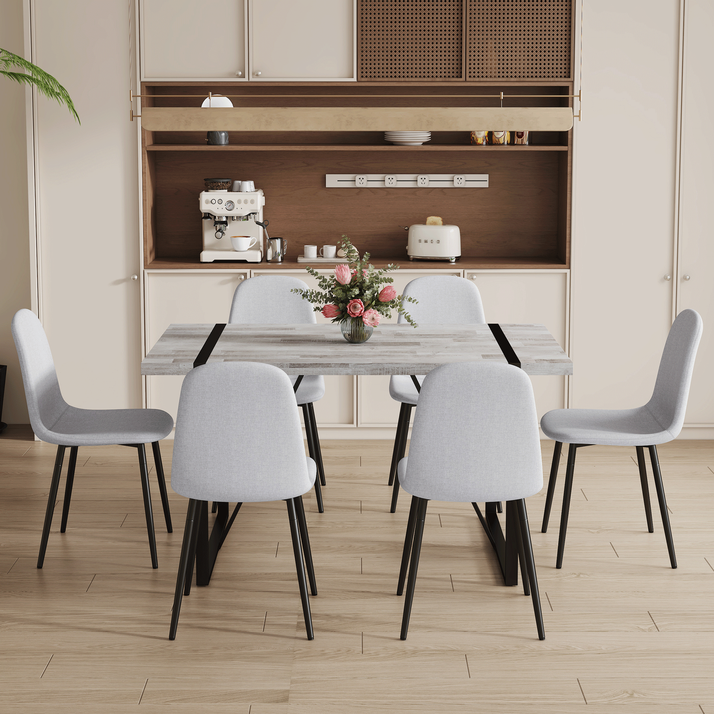 Table and Chair set.A Minimalist Retro Rectangular Dining Table With a Specially Textured Top and Black Metal legs.Paire