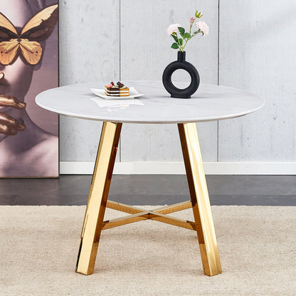 Modern Minimalist White Patterned Circular Dining Table and Coffee Table. MDF Desktop, Diameter 42 Inches, Stainless Ste