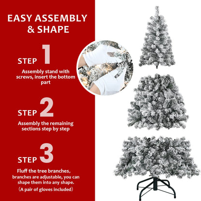 7FT Flocked Christmas Tree With 350 Warm White Incandescent Lights – Snowy Artificial Holiday Tree With 1022 Tips and St
