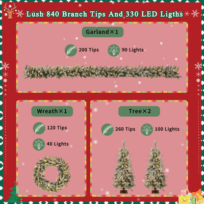 Pre-Lit Christmas Artificial Tree 4-Piece Set, Garland, Wreath and Set of 2 Entrance Trees, X-Mas With LED Lights, PVC F