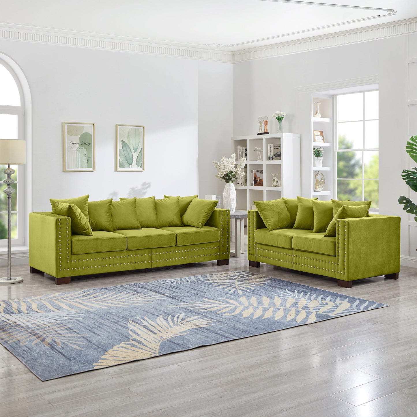 Modern Design Living Room Sofa 2+3 Seater Square Armrest With Silver Nails Decoration Upholstered Velvet Couch Green