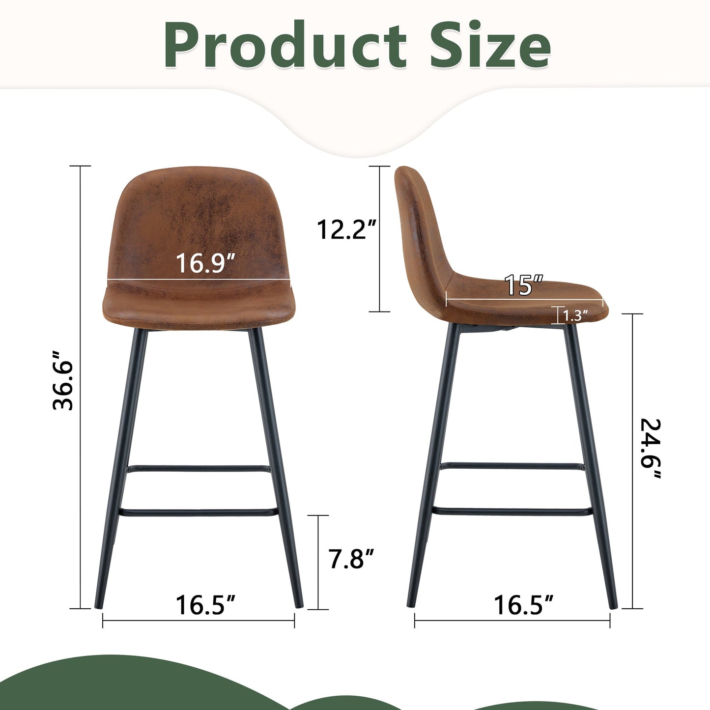 Brown Techno-Fabric Bar Chair Set - Two Pieces, Rounded Backrest, Black Metal Legs, Multiple Colors