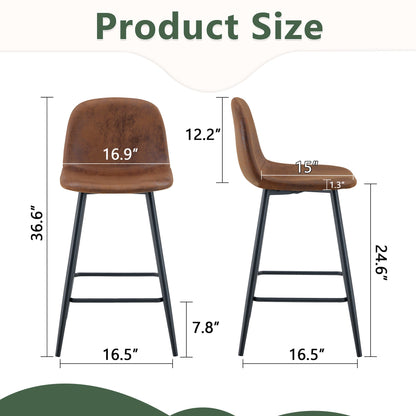 Brown Techno-Fabric Bar Chair Set - Two Pieces, Rounded Backrest, Black Metal Legs, Multiple Colors