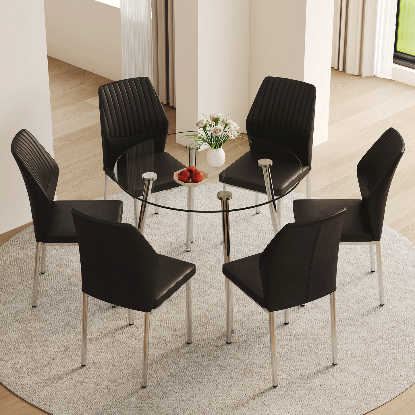 Table and Chair set.A 38.6' Transparent Tempered Glass Round Dining Table-Silver Metal Legs.Paired With 6 BLACK PU Mater