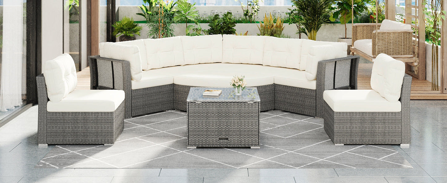 Patio Furniture Set Outdoor Daybed Rattan Sectional With Cushions and Center Table, Beige, Iron & Rattan, Multiple Sizes