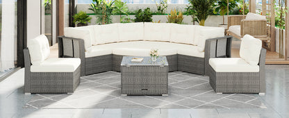 Patio Furniture Set Outdoor Daybed Rattan Sectional With Cushions and Center Table, Beige, Iron & Rattan, Multiple Sizes