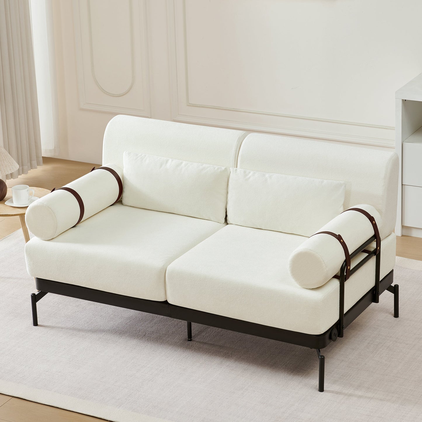 Modern Loveseat Sofa 59' Couch With Flexible USB Ports, Unique Cylindrical Armrests, Beige Chenille