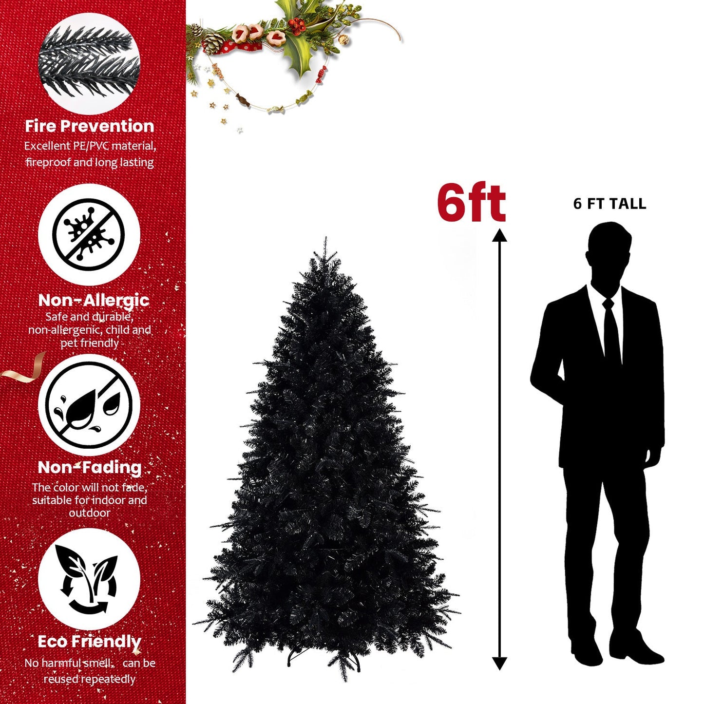 7.5ft Black Christmas Tree With 500 White LED Lights, 2156 Tips PE+PVC Artificial Tree for Halloween & Holiday Decor, Hi