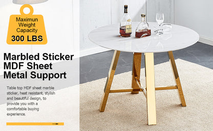 Modern Minimalist White Patterned Circular Dining Table and Coffee Table. MDF Desktop, Diameter 42 Inches, Stainless Ste