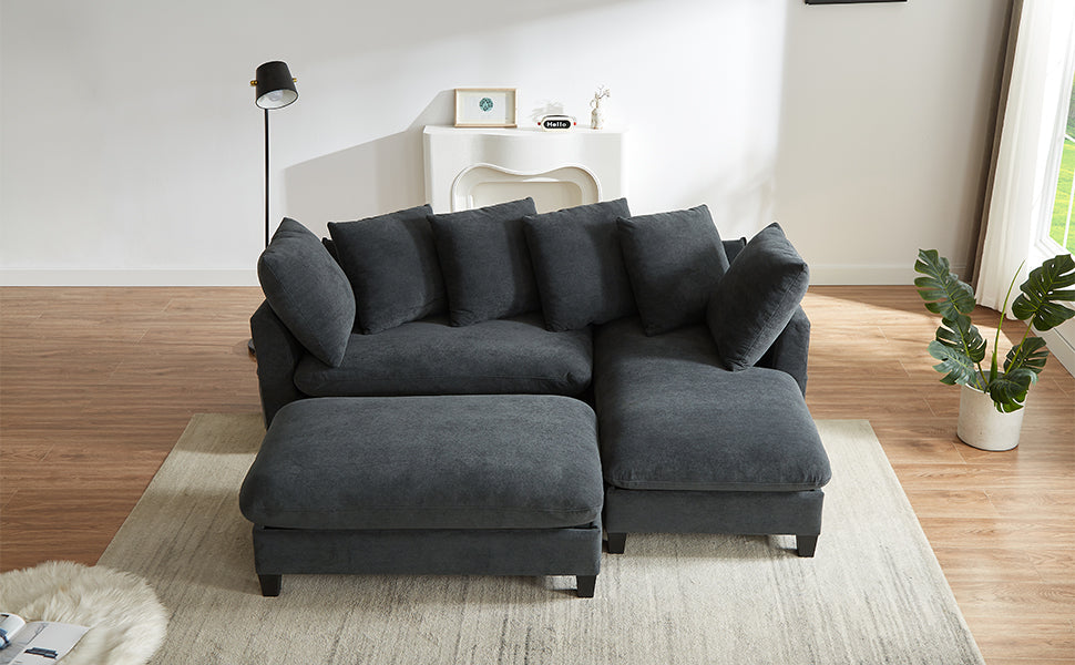 Black Upholstered 83' L-Shaped Sectional Sofa With Storage, Movable Ottoman, and Six Throw Pillows