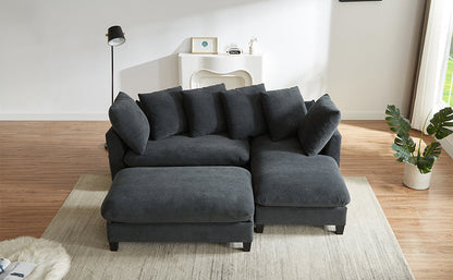 Black Upholstered 83' L-Shaped Sectional Sofa With Storage, Movable Ottoman, and Six Throw Pillows