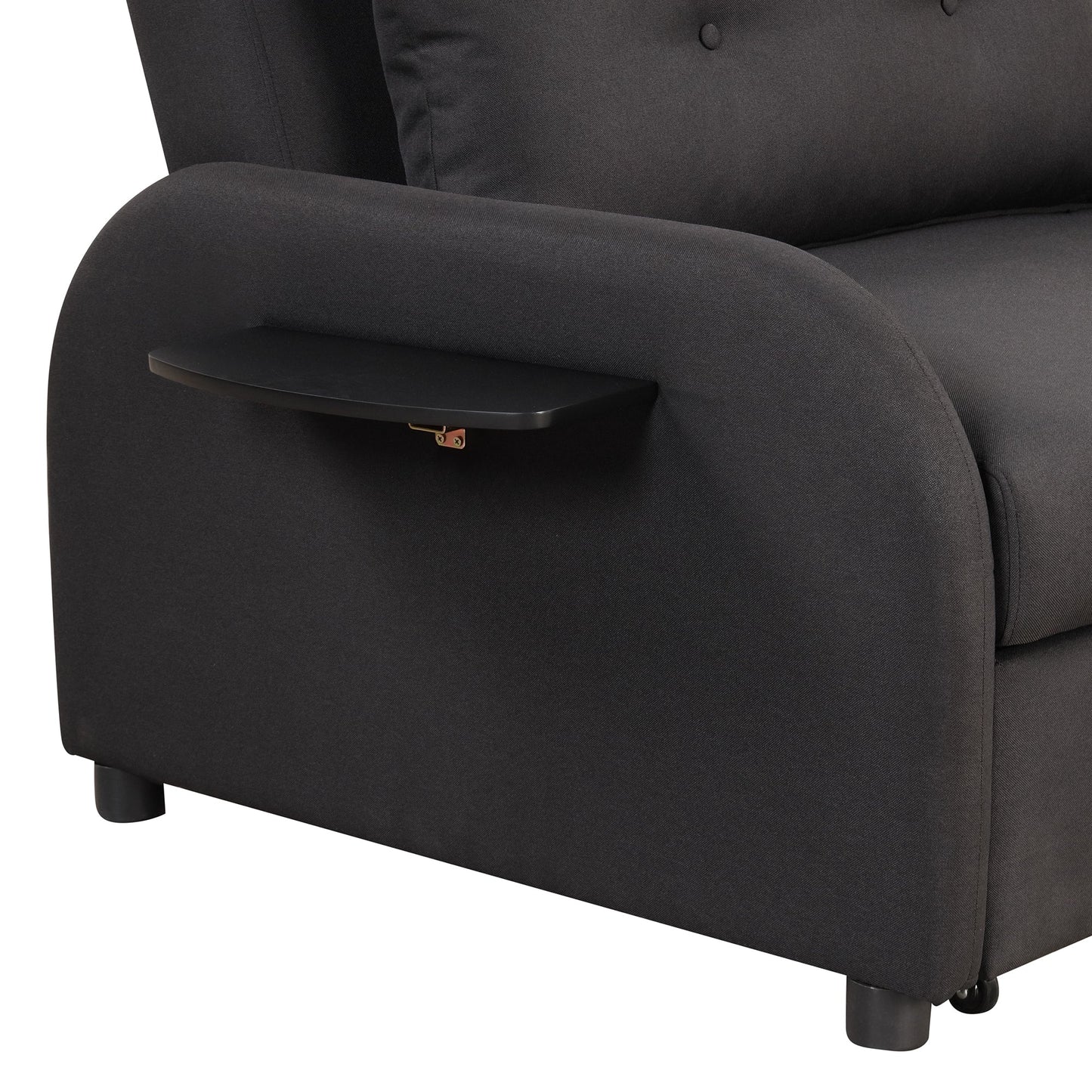 3-In-1 Pull Out Sofa Sleeper With Wing Table and USB Charge, Black Linen Upholstery, Iron Frame