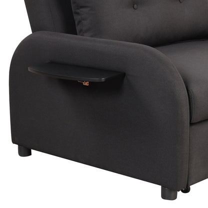 3-In-1 Pull Out Sofa Sleeper With Wing Table and USB Charge, Black Linen Upholstery, Iron Frame