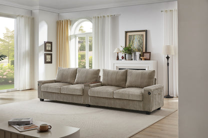 Modern 4-Seater Corduroy Sofa Couch With USB Ports, Hidden Storage Arms, and Flip-Top Cup Holders, Brown, 133 Inches