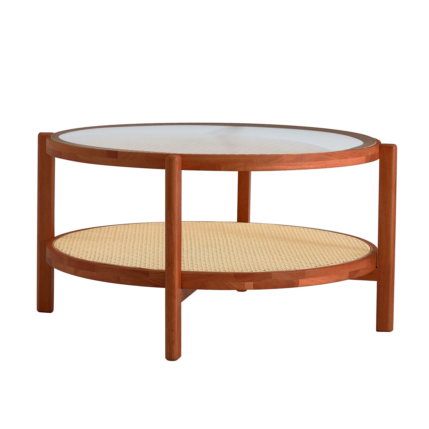 Modern Minimalist Circular Double-Layer Solid Wood Coffee Table With Glass Top, PE Rattan Layer, Walnut Finish