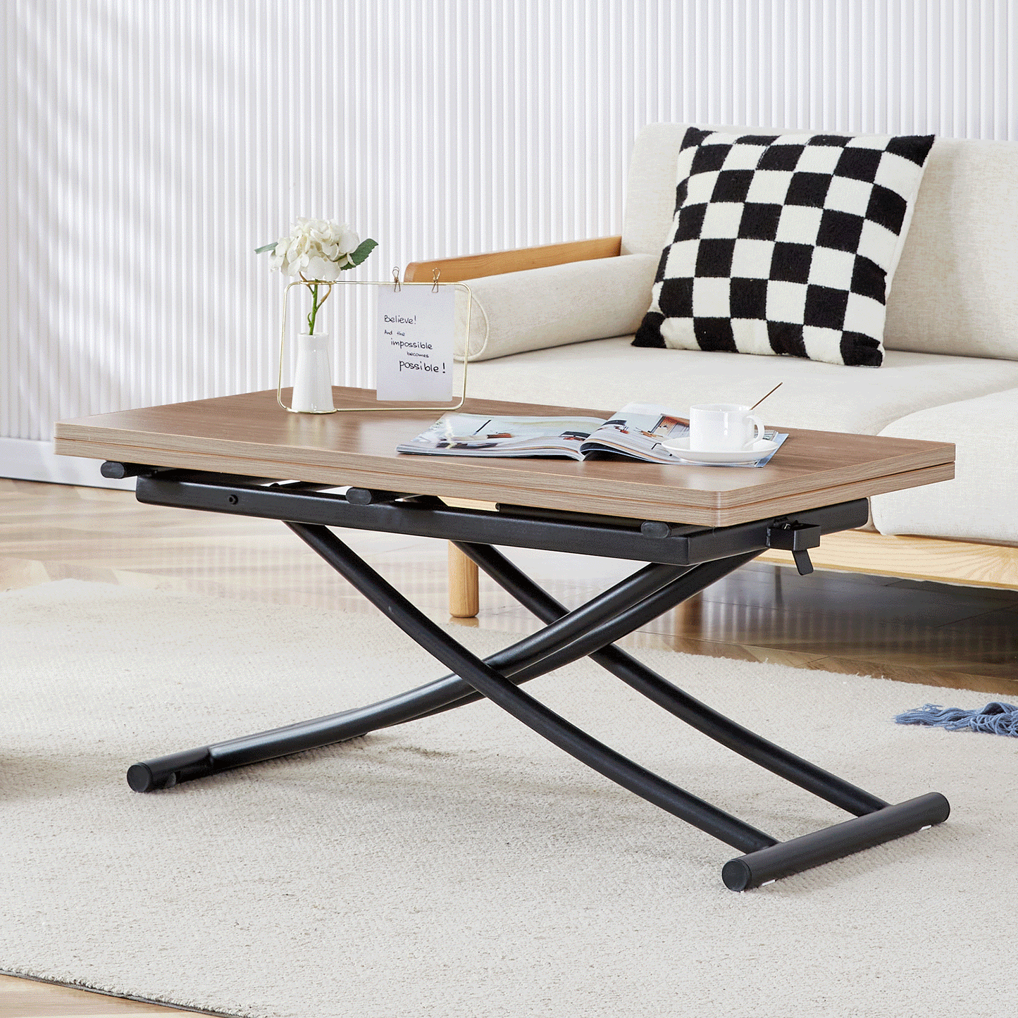 Modern Minimalist Multifunctional Lifting Table, With a 0.8-Inch Wood Grain Process Sticker Desktop and Black Metal Legs