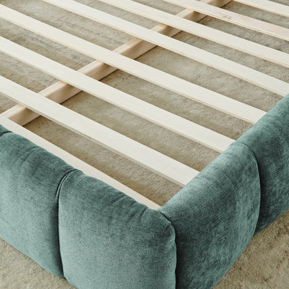 California King Size Upholstered Bed Frame With Thick Fabric, Chenille Fabric Grounded Queen Size Platform Bed With Head