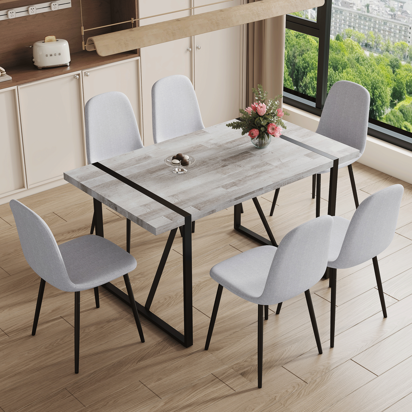 Table and Chair set.A Minimalist Retro Rectangular Dining Table With a Specially Textured Top and Black Metal legs.Paire