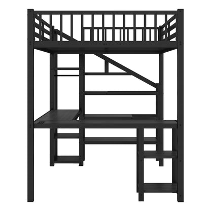 Metal Full Loft Bed With Wardrobe and LED Light, Full Size Loft Bed With L Shaped Desk and USB for Kids Teens Adults, Bl