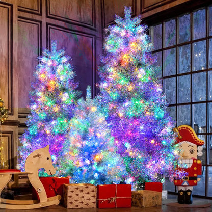 7.4FT, 6FT, 4FT Silver Pre-Lit Artificial Hinged Christmas Tree Set, Holiday Spruce Xmas Tree With 2400 Branch Tips, 850