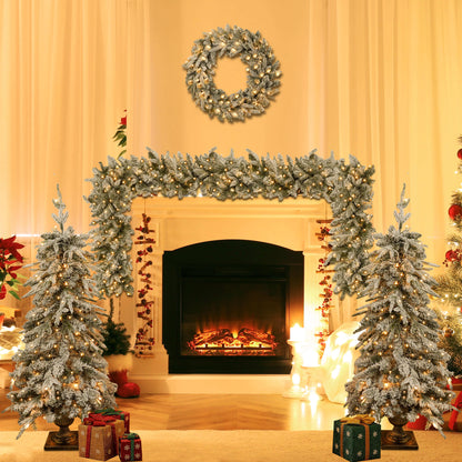 Pre-Lit Christmas Artificial Tree 4-Piece Set, Garland, Wreath and Set of 2 Entrance Trees, X-Mas With LED Lights, PVC F