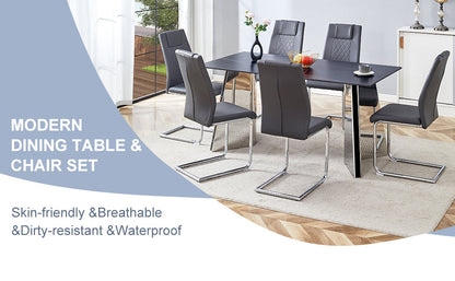 Table and Chair Set.63'x31.5x30' Black Marble-Patterned Slabs Tabletop With Stainless Steel Butterfly Legs.Paried With 6