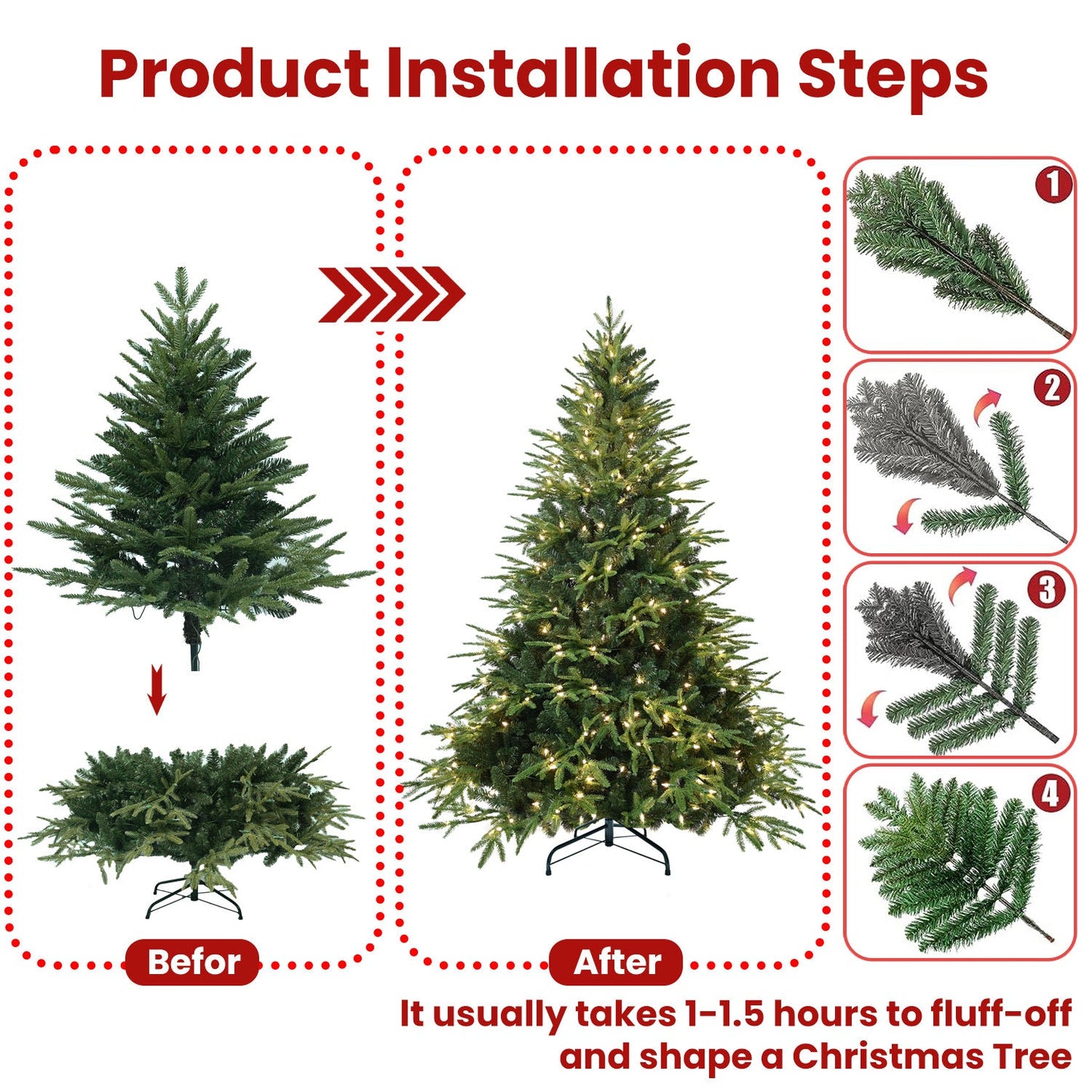 5ft Pre-Lit Artificial Christmas Tree With 300 Warm White Incandescent Lights, 1419 Tips, PE+PVC Hinged Pine With Partia