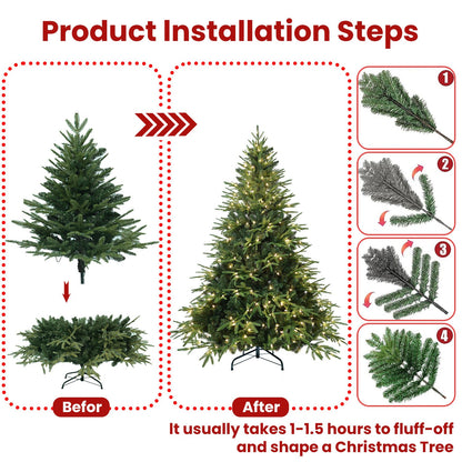 5ft Pre-Lit Artificial Christmas Tree With 300 Warm White Incandescent Lights, 1419 Tips, PE+PVC Hinged Pine With Partia