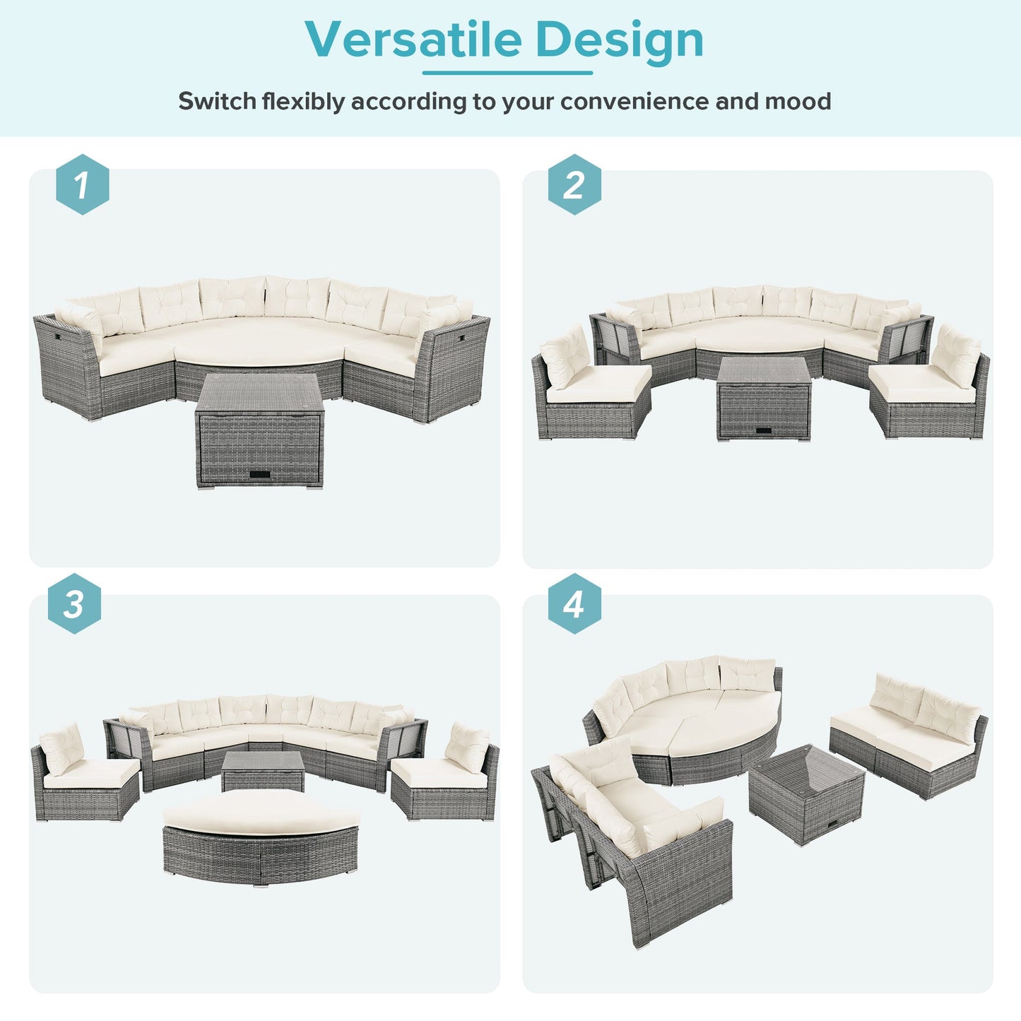 Patio Furniture Set Outdoor Daybed Rattan Sectional With Cushions and Center Table, Beige, Iron & Rattan, Multiple Sizes