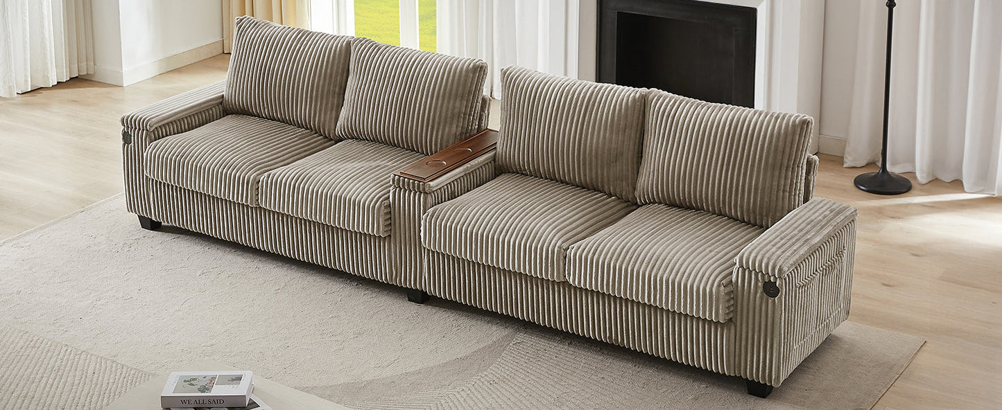 Modern 4-Seater Corduroy Sofa Couch With USB Ports, Hidden Storage Arms, and Flip-Top Cup Holders, Brown, 133 Inches