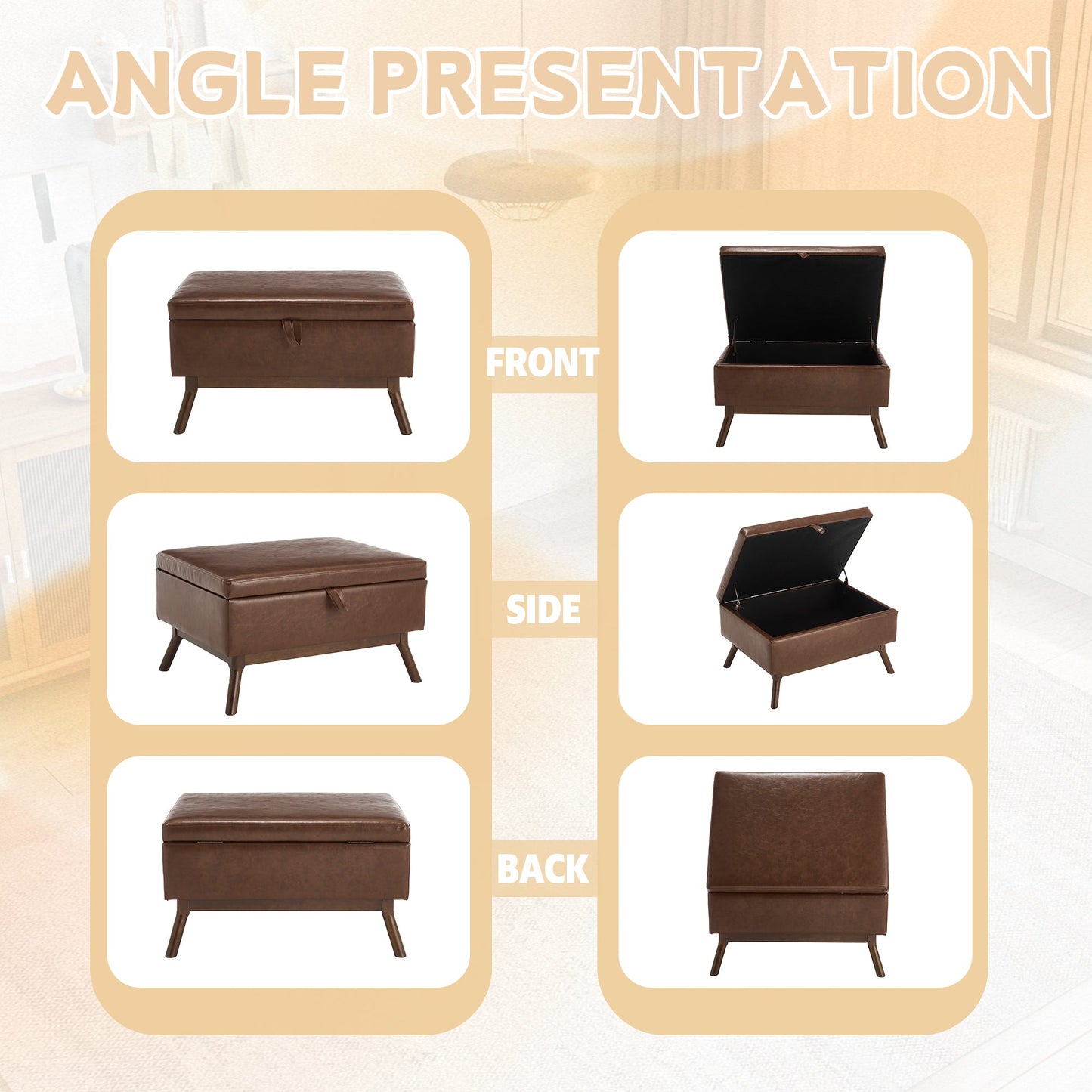 Mid-Century Modern Square Coffee Table Storage Bench, Assembled, Suitable for Living Room, Entryway and Family Room, Use