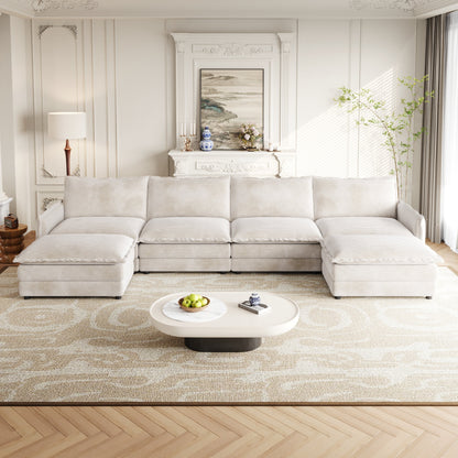 Corduroy Fabric 4-Seater Comfy Cloud Couch With 2 Movable Footrest for Living Room,Oversized Deep Seat U-Shaped Couch Se