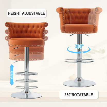Velvet Bar Stool Set of 2, Adjustable Swivel Bar Stools With Silver Plated Metal Leg, Chrome Nailhead, Counter Height Ch