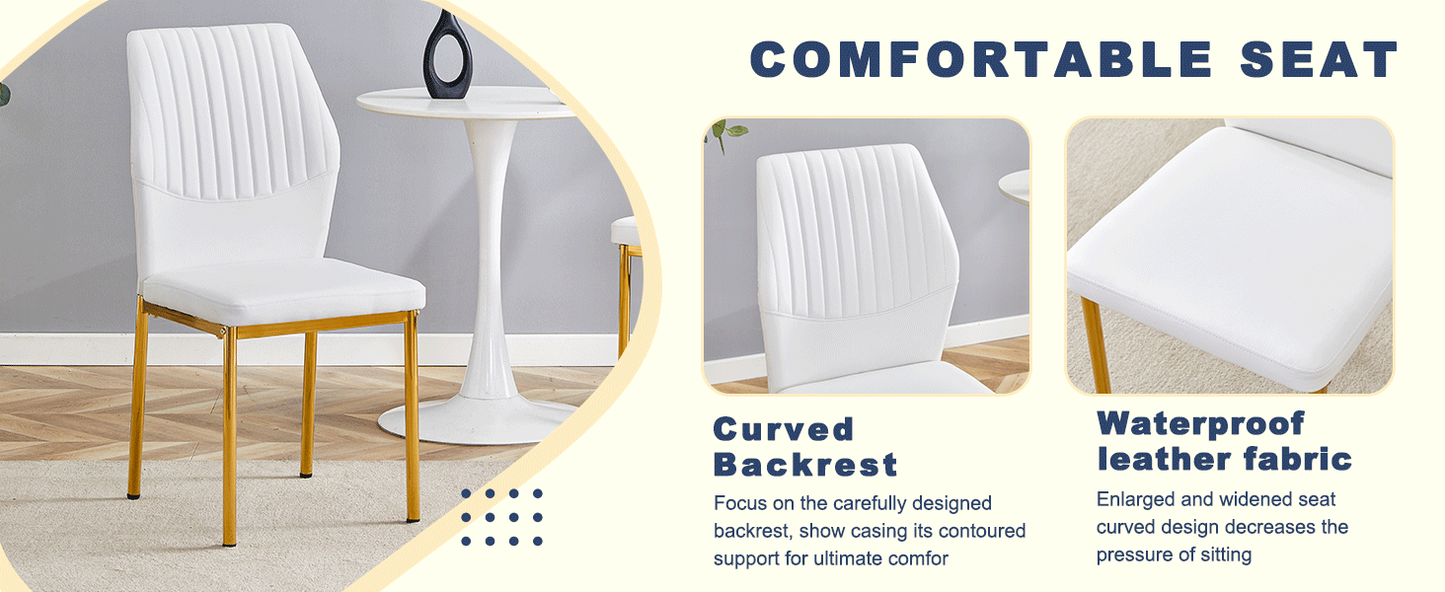 Table and Chair Set.39.7 Inch Diameter Modern Luxury Glass Dining Table and Chair Set - Gold Metal Legs.Paired With 4 WH