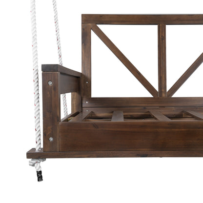 Acacia Wood Twin Size Patio Swing Bed Modern Porch Swing Hanging Bed Frame With 16.4ft Hemp Ropes for Garden,Backyard,Br