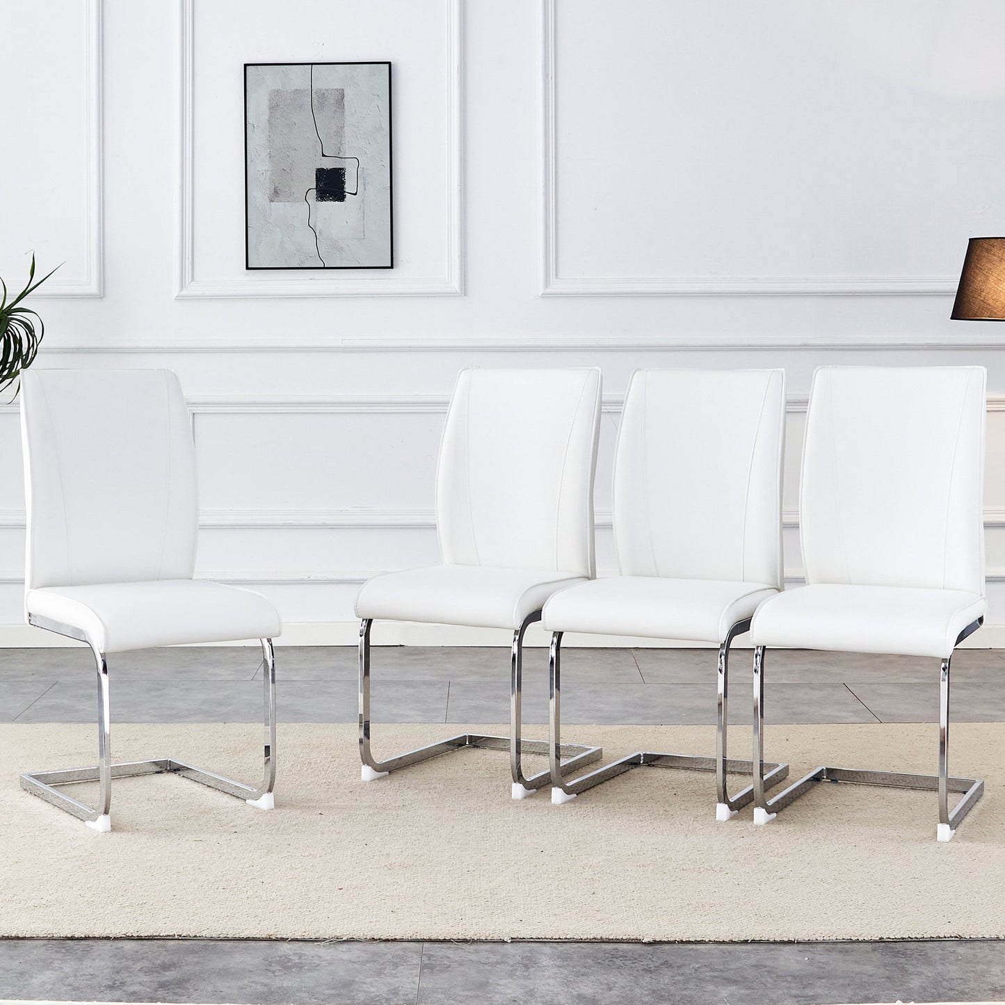 Luxury Simple Arch Chair Set of 8 White PU Material High Resilience Dining Chairs With Arched Silver Metal Legs