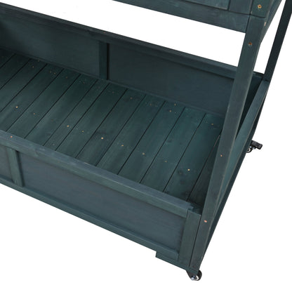 Garden Wood Portable Cold Frame With Movable Wheels Mini Greenhouse With Openable Roof and Storage Box, Forest Green