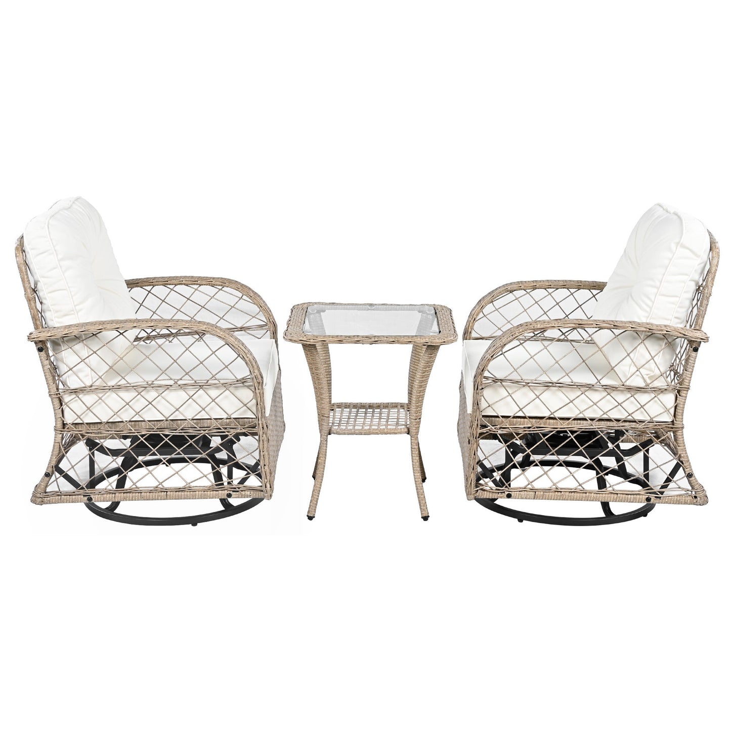 3-Piece Outdoor Chair&Table Set Chat Set 2-Person Rattan Seating Group With Two Swivel Chairs and a Square Table for Gar