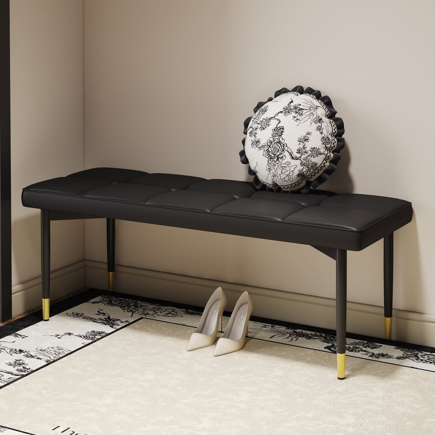 47*16 Inch Multifunctional Black Shoe Bench - Faux PU Cushion, Sturdy Metal Legs With Gold Accents.Suitable for Bedroom,