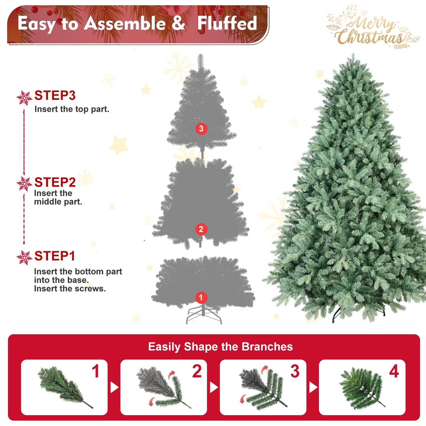 7.5FT Blue-Green Tint Christmas Tree With 2908 PE+PVC Tips – Unique Full-Bodied Tree With Hinged Branches, Easy Assembly