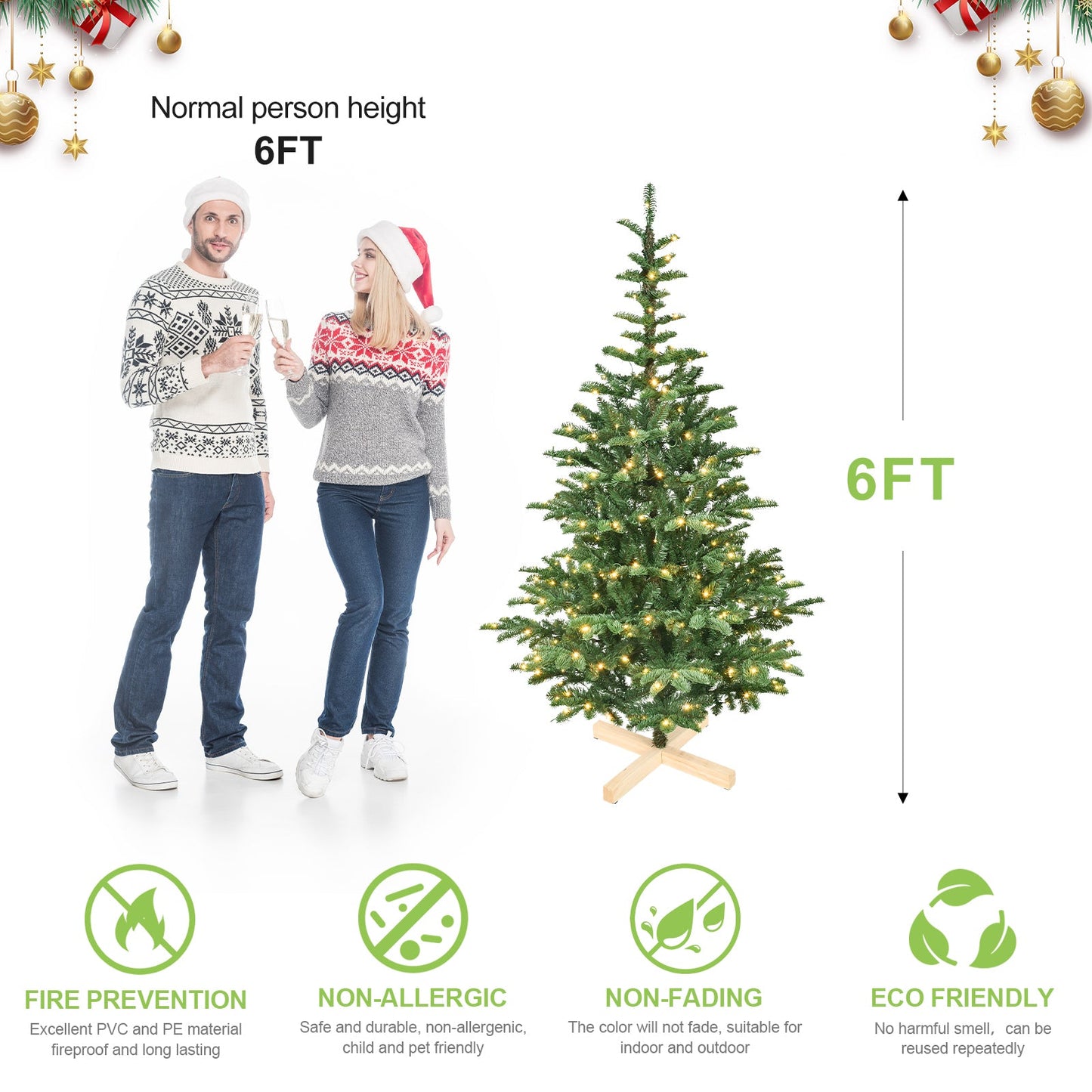 6ft Pre-Lit Christmas Tree With 300 Warm White LED Lights, 611 PE+PVC Tips, Realistic Layered Look, Unique Wooden Base –