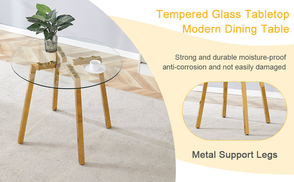 Modern Luxurious Round Tempered Glass Dining Table With Gold 7-Shaped Metal Legs,suitable for Family Meals, Office Confe